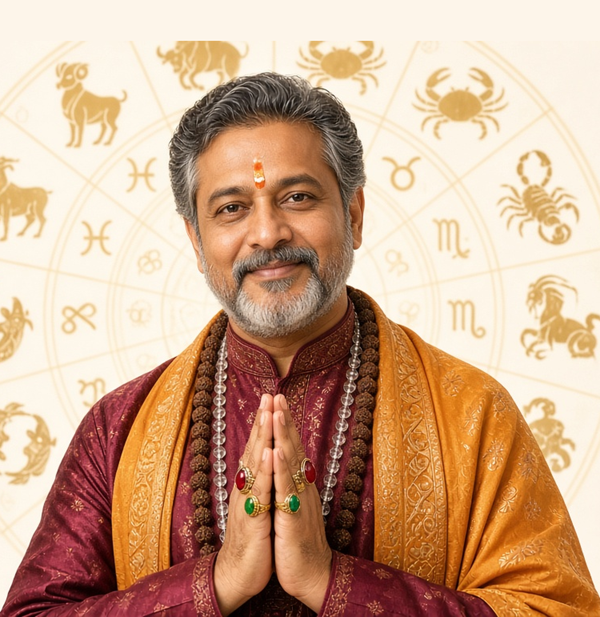 Sandeep Aggarwal welcoming you with namaste, with a gold zodiac wheel behind him