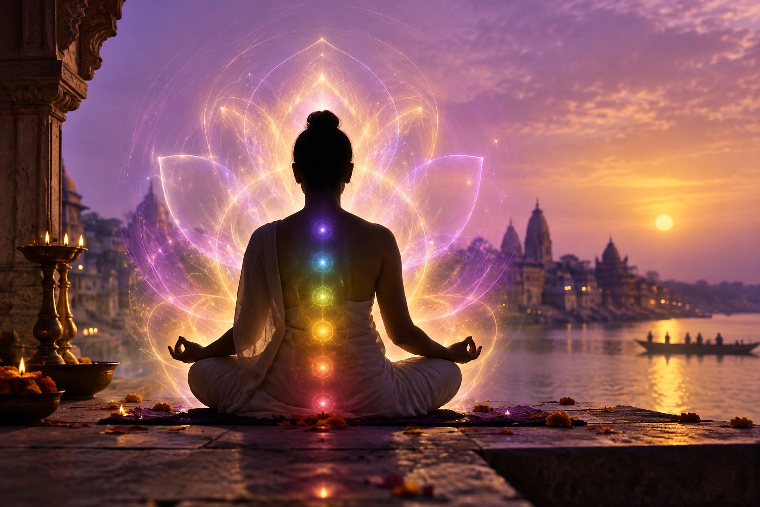 Artistic silhouette of seated person surrounded by luminous multicoloured aura, conceptual illustration