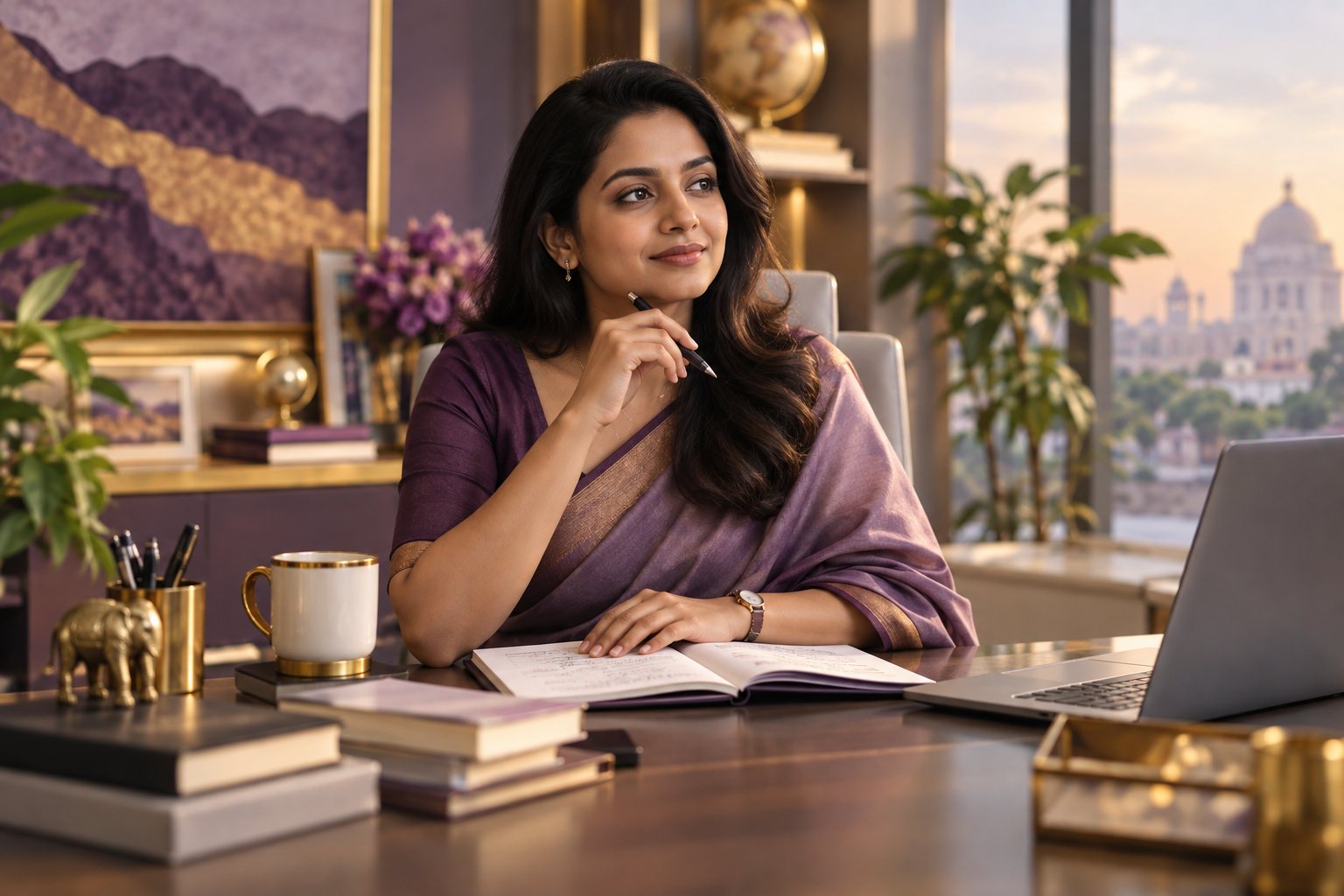 Indian professional at an elegant office desk with business planning notebook
