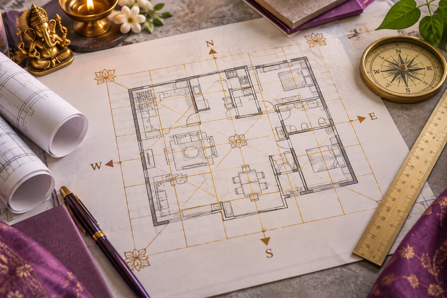 Architect floor plan overlaid with square Vastu grid, compass and ruler