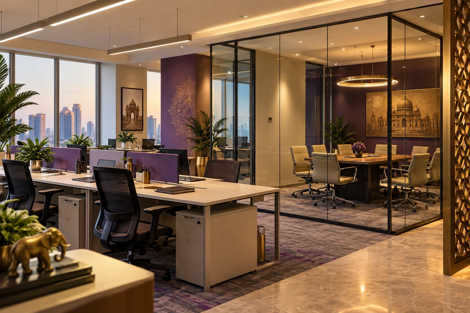Elegant modern Indian office interior with desks and meeting room