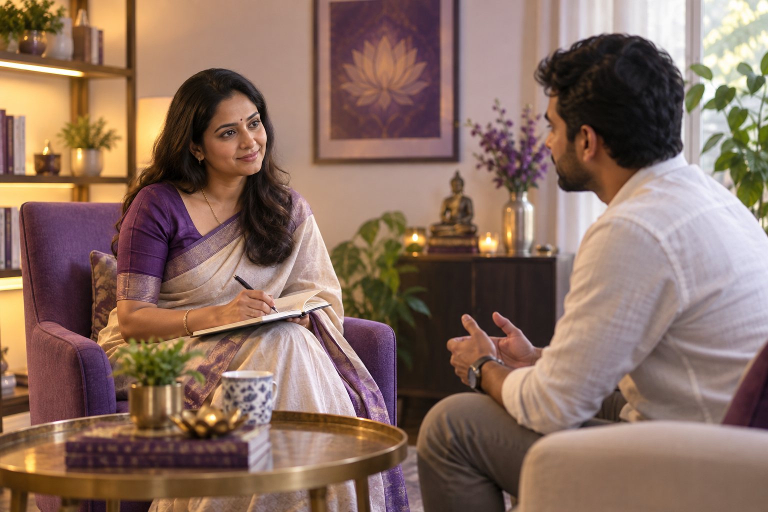 Two Indian adults in a warm attentive counselling conversation in a serene room