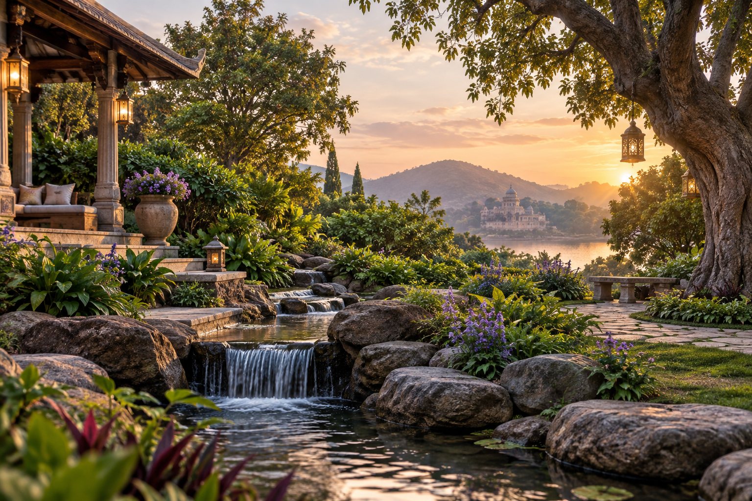 Peaceful landscaped garden with natural stones, flowing water and mature trees