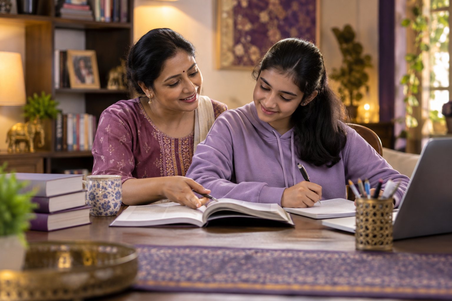 Indian parent and teenager studying together with books at home