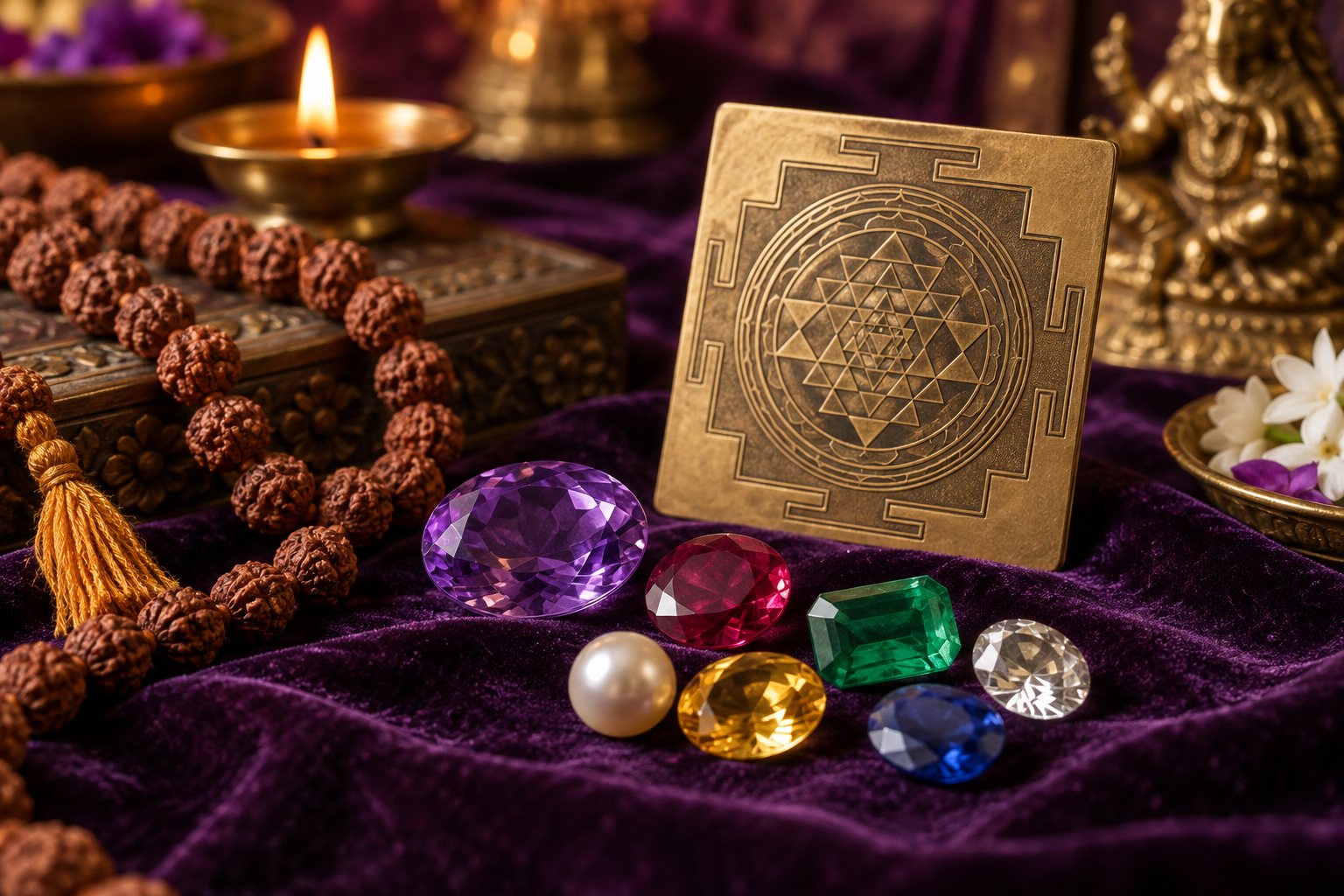 Macro still life of gemstones, rudraksha beads and brass yantra on velvet