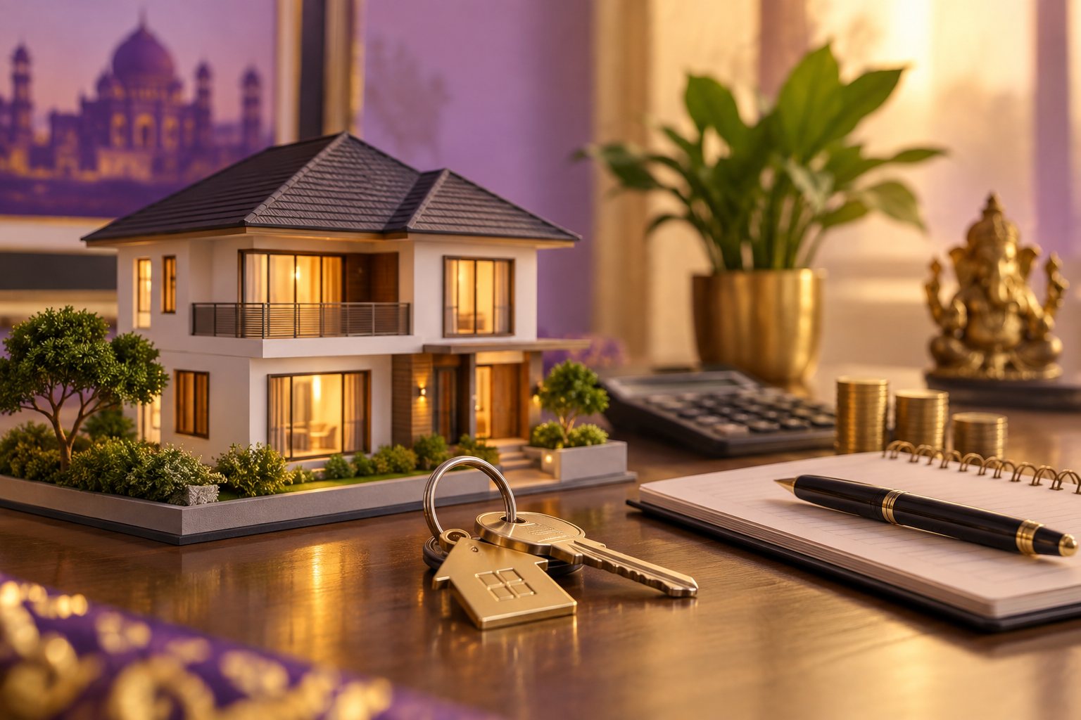 Architectural house model with property keys and financial notebook