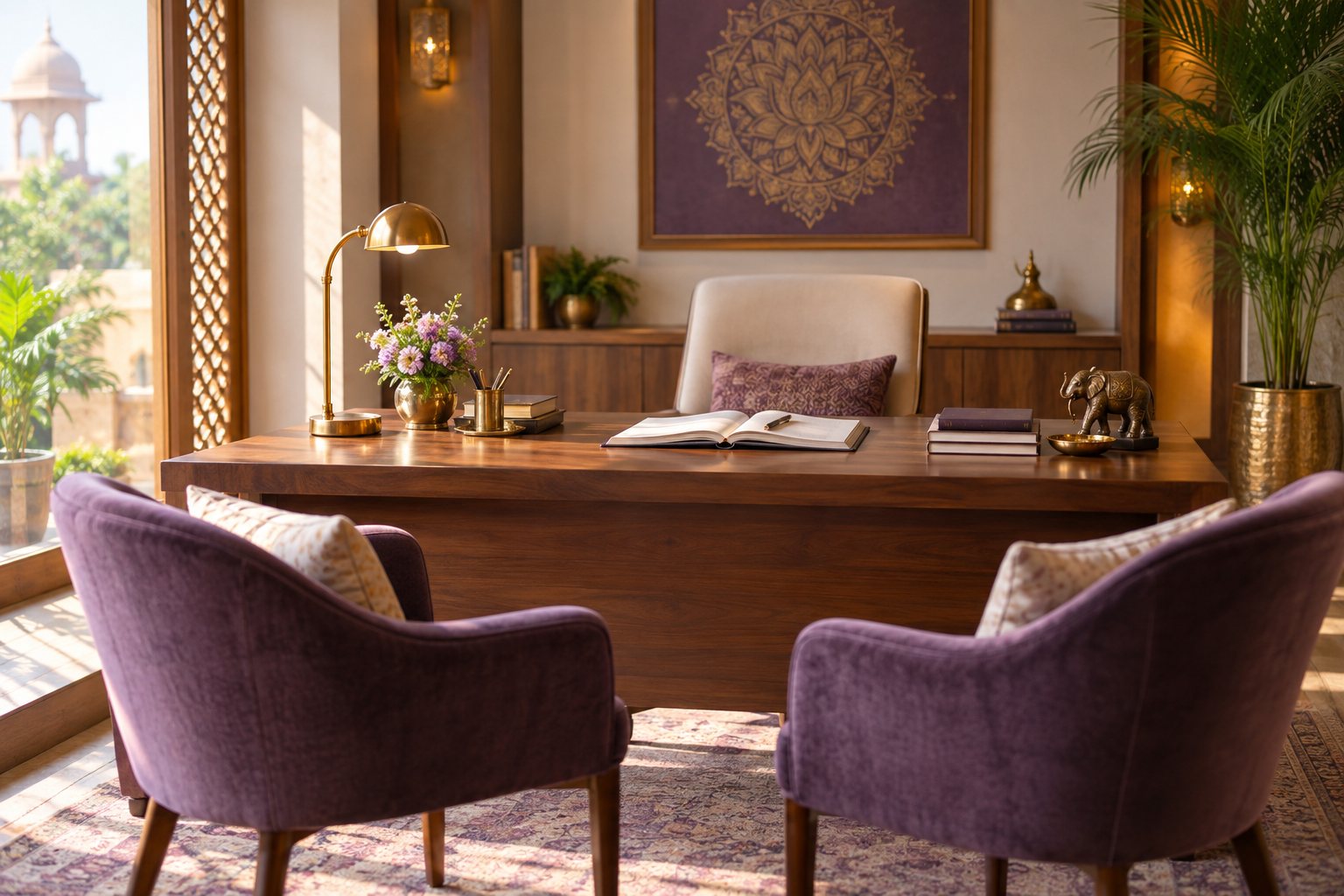 Welcoming Indian consultation desk with two chairs, open notebook and warm natural light