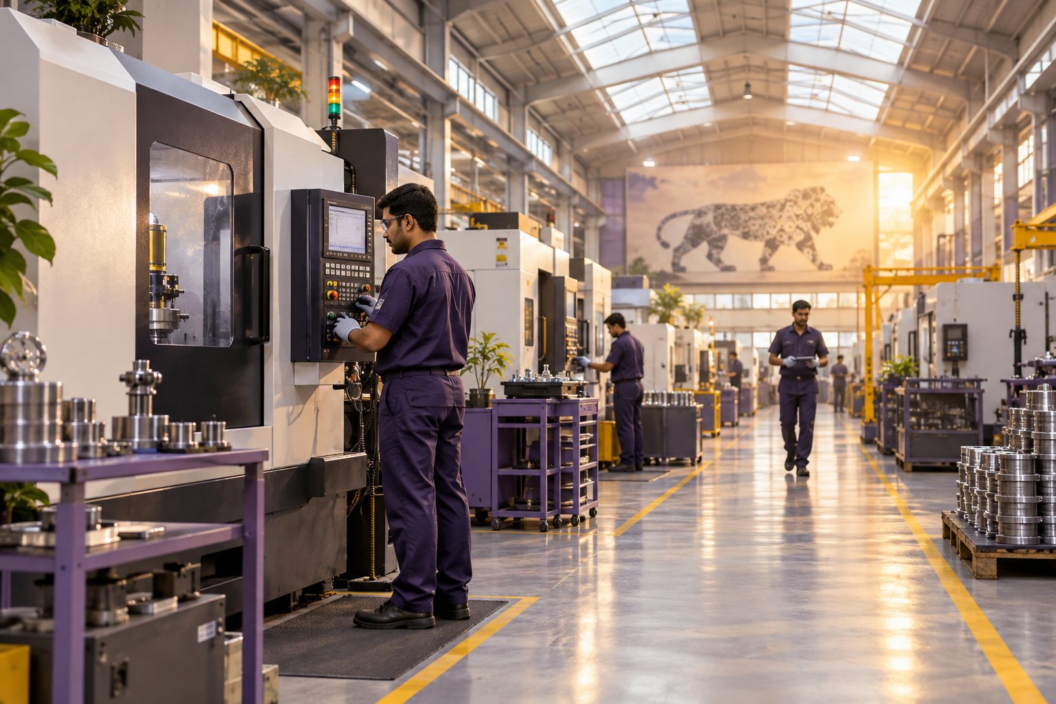 Clean spacious factory interior with industrial machinery and skylights