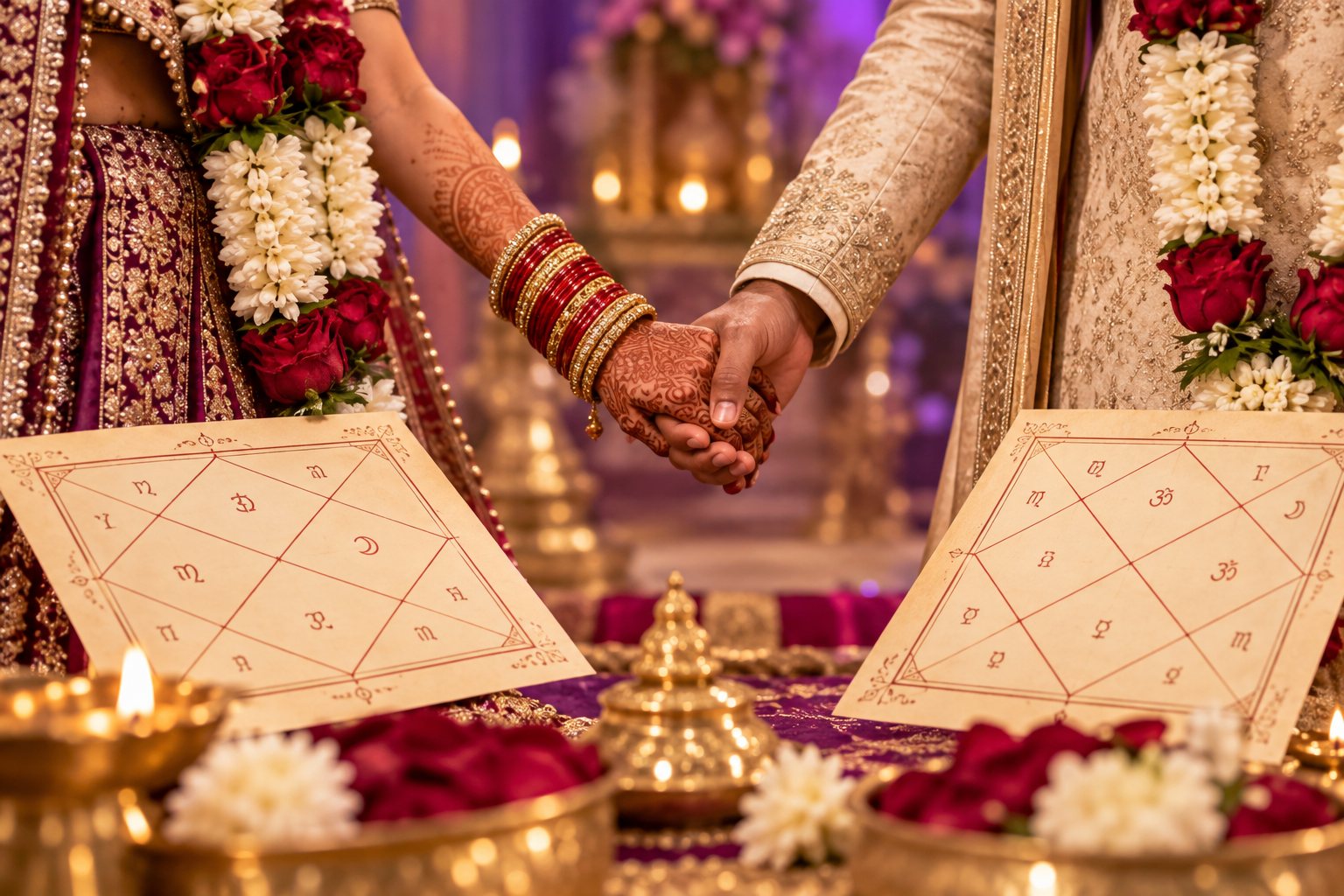 Indian bride and groom hands joined, wedding garlands and two horoscope charts
