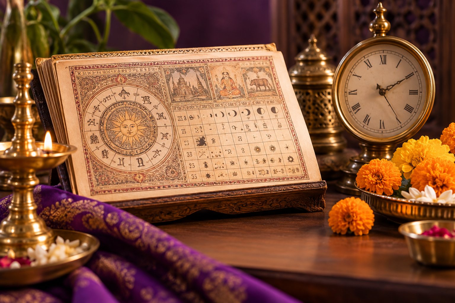 Traditional Indian panchang calendar beside brass clock and marigolds