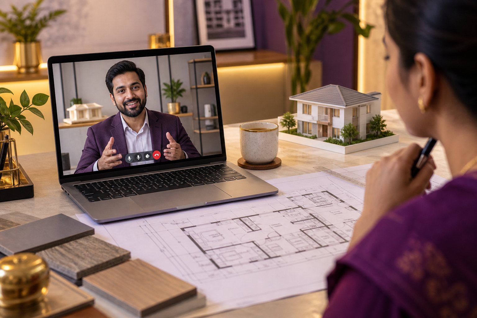 Laptop showing video consultation with Indian architectural consultant beside house floor plan