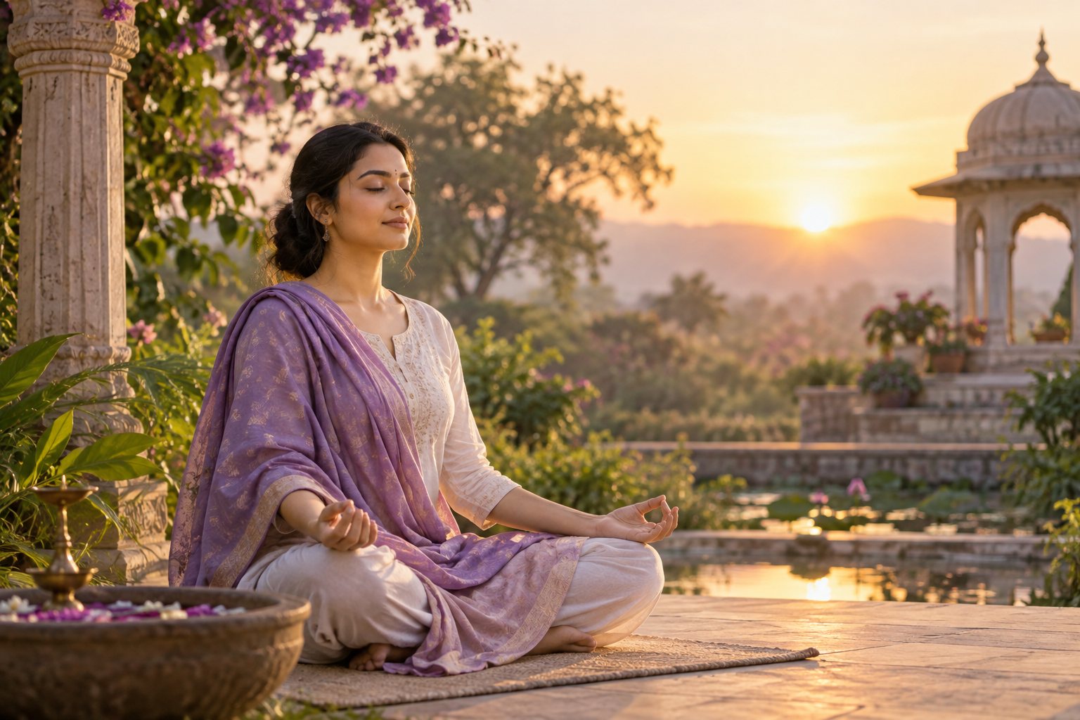Indian woman meditating in a peaceful garden at sunrise