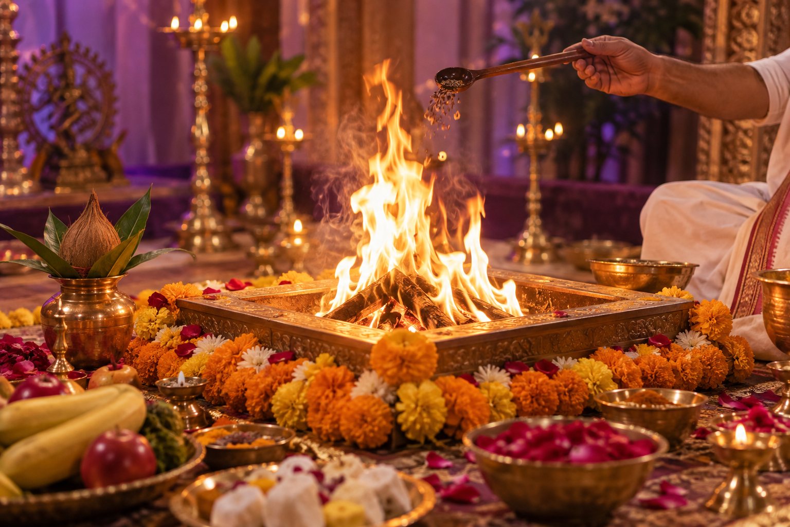 Traditional Hindu havan fire in square ceremonial kund with offerings and marigolds
