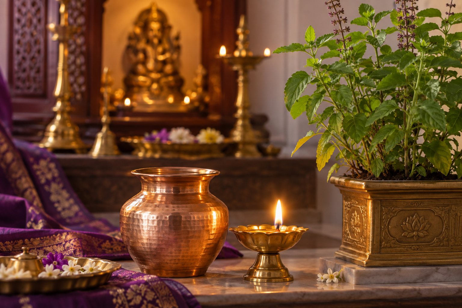 Traditional copper water vessel, diya and tulsi plant in a home prayer corner