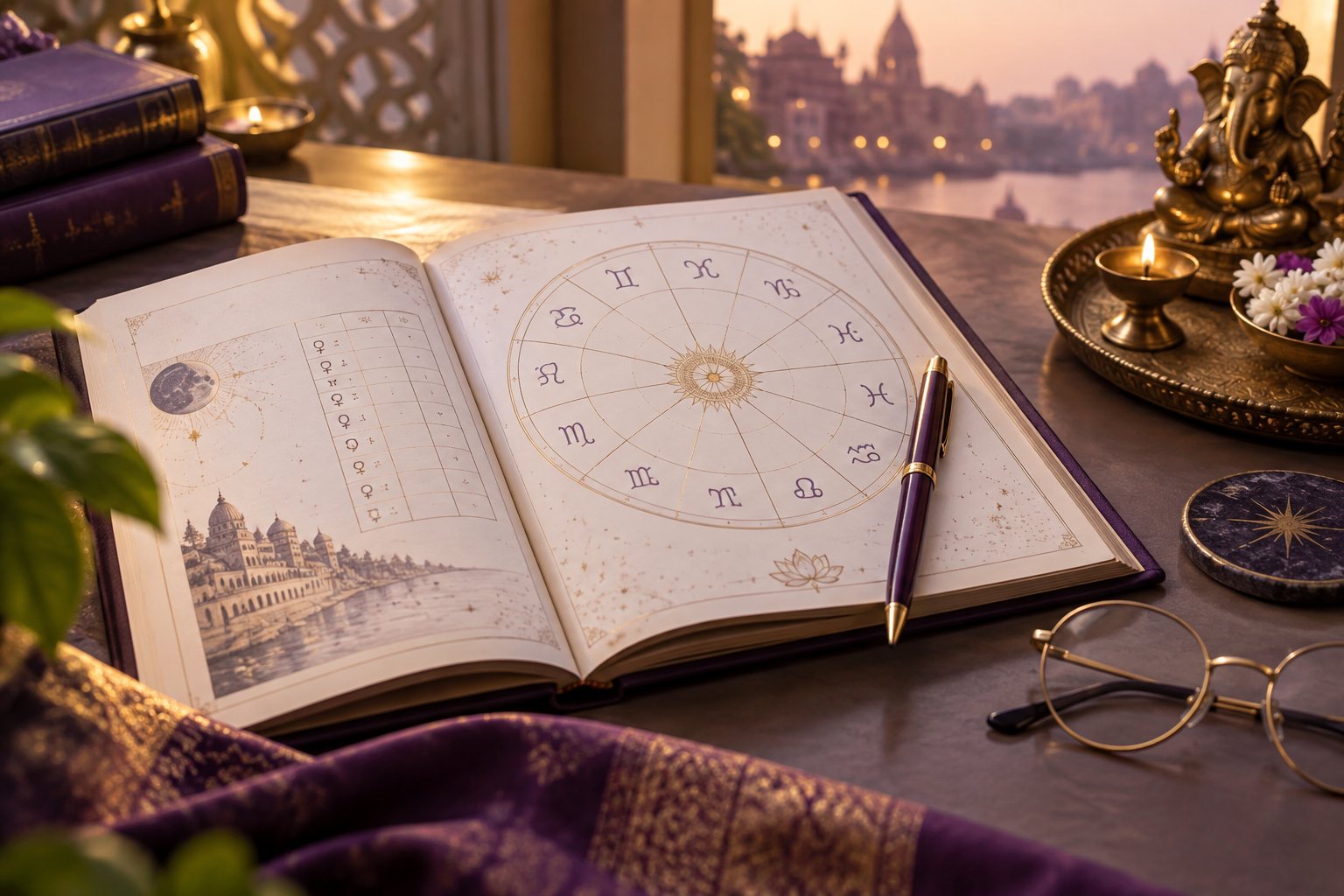 Beautiful bound astrology report opened to a natal chart, pen and spectacles