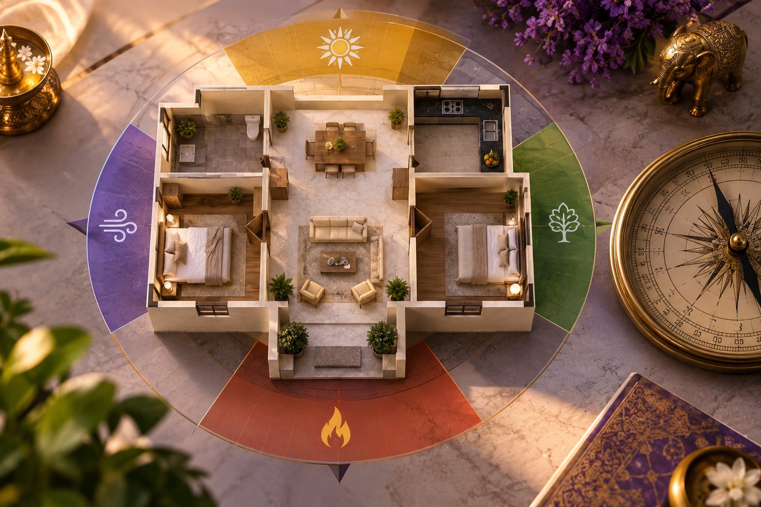 Top down architectural room zoning model with compass and distinct directional coloured zones
