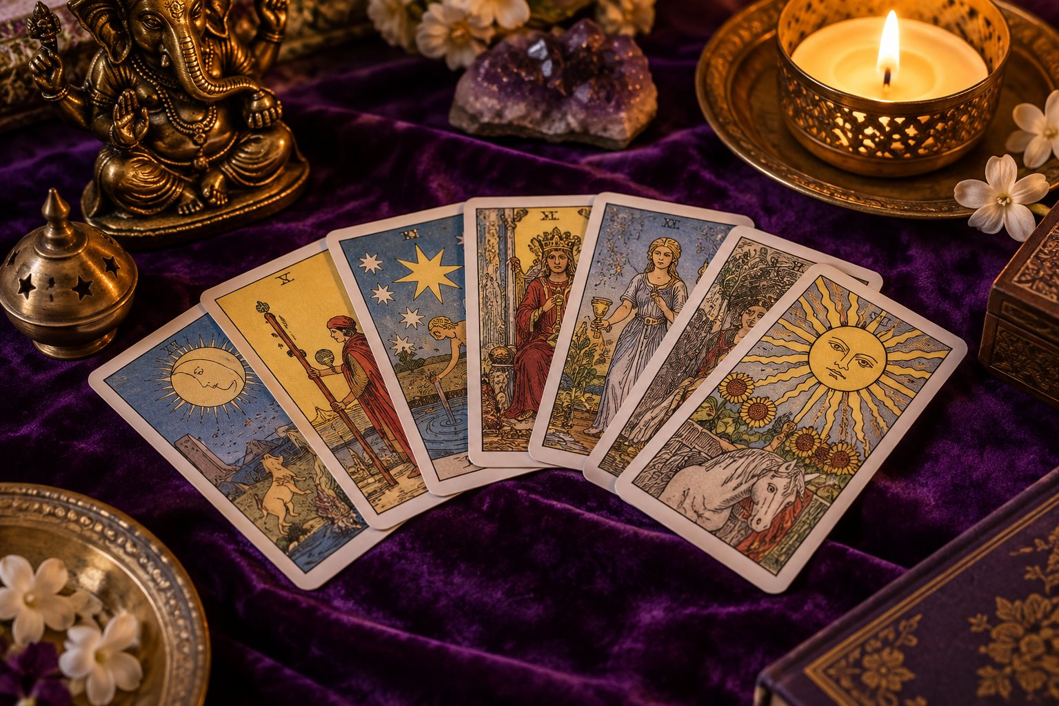 Distinct illustrated tarot cards spread in a fan on purple velvet with candle