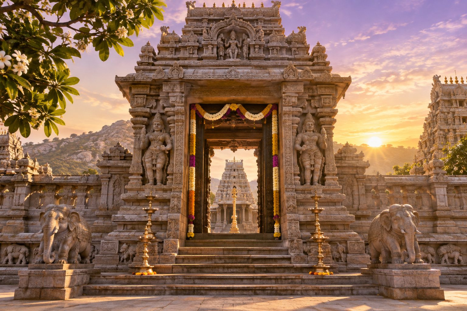 Beautiful Indian stone Hindu temple entrance in warm morning light
