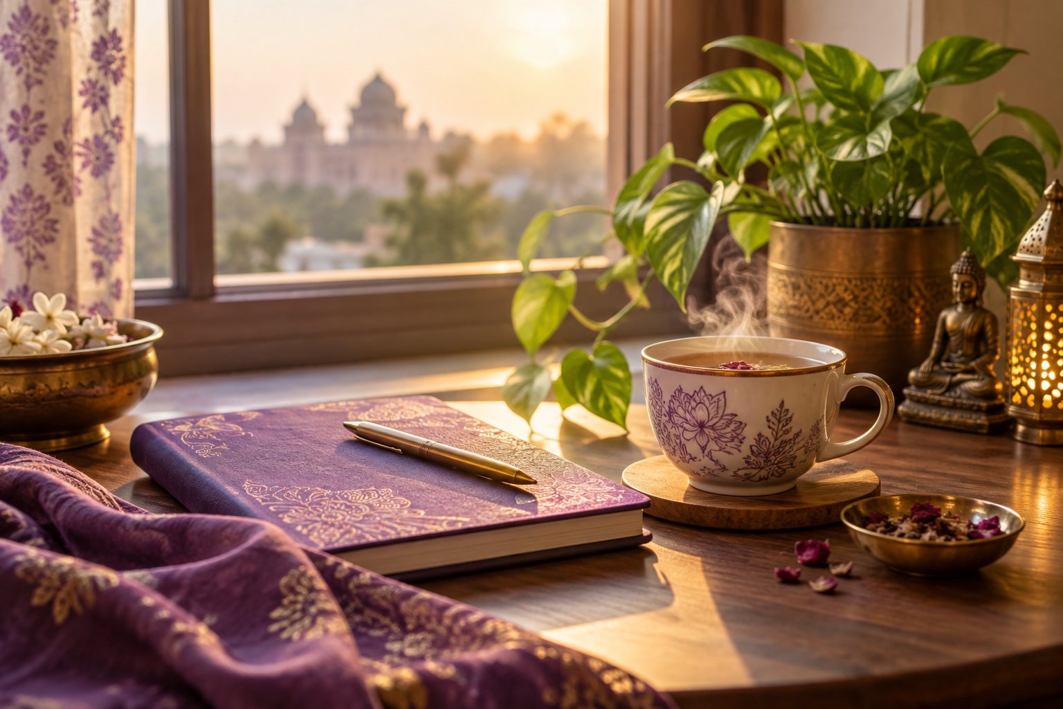 Peaceful wellness still life with journal, herbal tea, plant and sunlit window