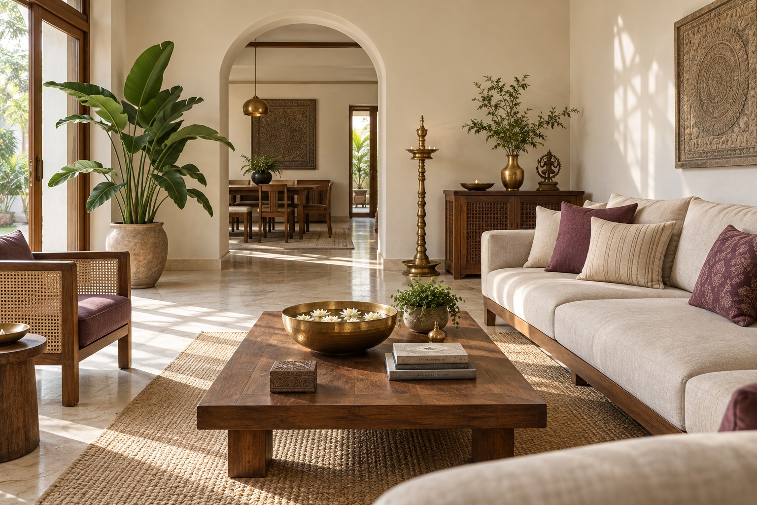 Balanced sunlit interior with natural materials